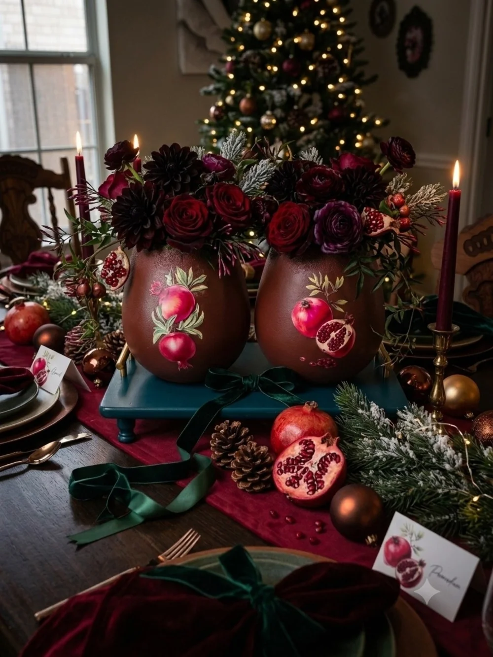 Pair of ceramic pomegranate decorative jars/vases Reddish-brown finish